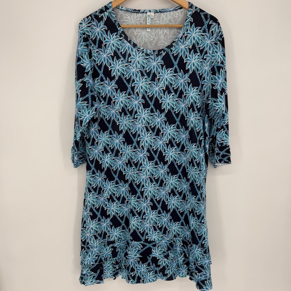 BeachTime Shift Dresss UPF50+ Blue Palm Print Ruffle Cuff 3/4 Sleeve XL Tropical